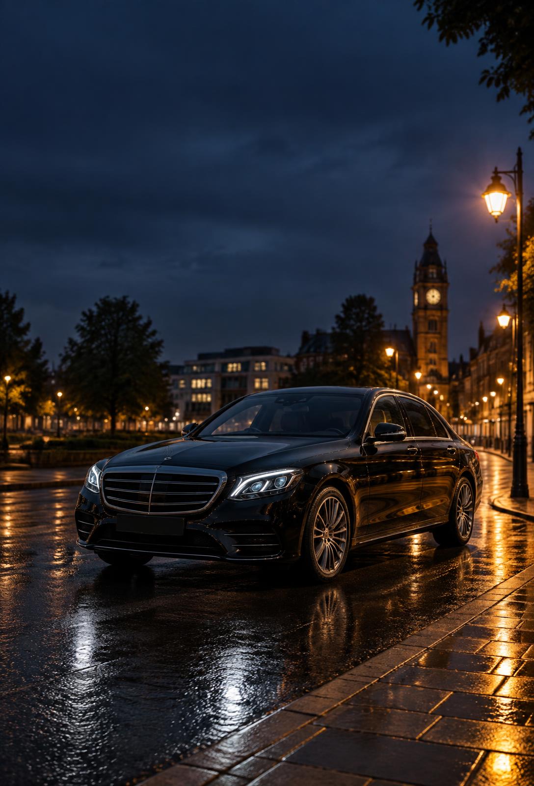 Black executive car in Watford at night